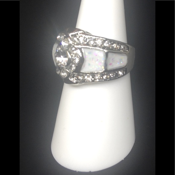 SS Vintage Style Fire White Opal Diamond Ring - Picture 3 of 4